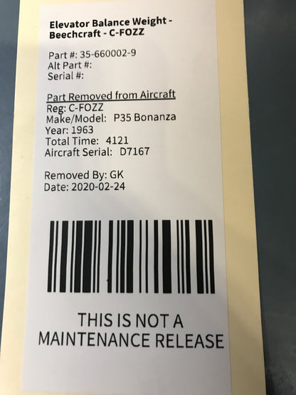 Elevator Balance Weight - Beechcraft - C-FOZZ