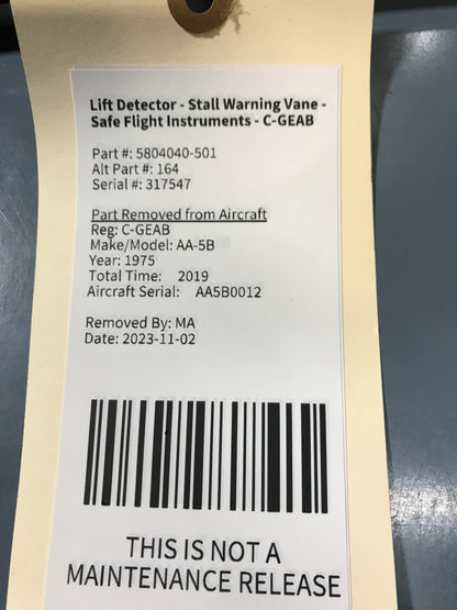 Lift Detector - Stall Warning Vane - Safe Flight Instruments - C-GEAB