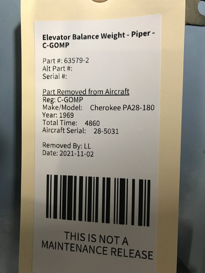 Elevator Balance Weight - Piper - C-GOMP