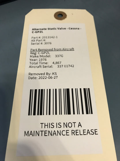 Alternate Static Valve - Cessna - C-GPZL