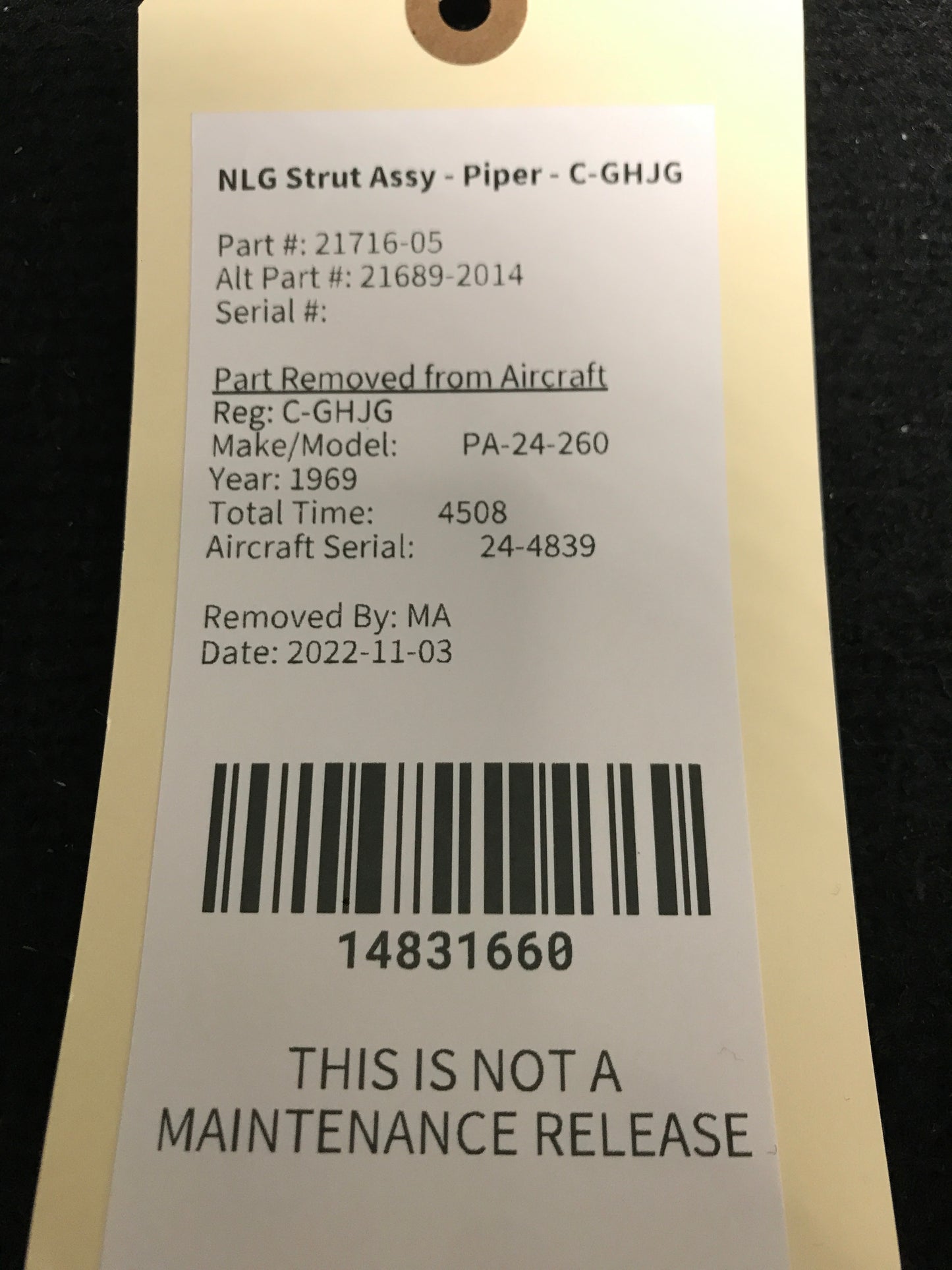 NLG Strut Assy - Piper - C-GHJG