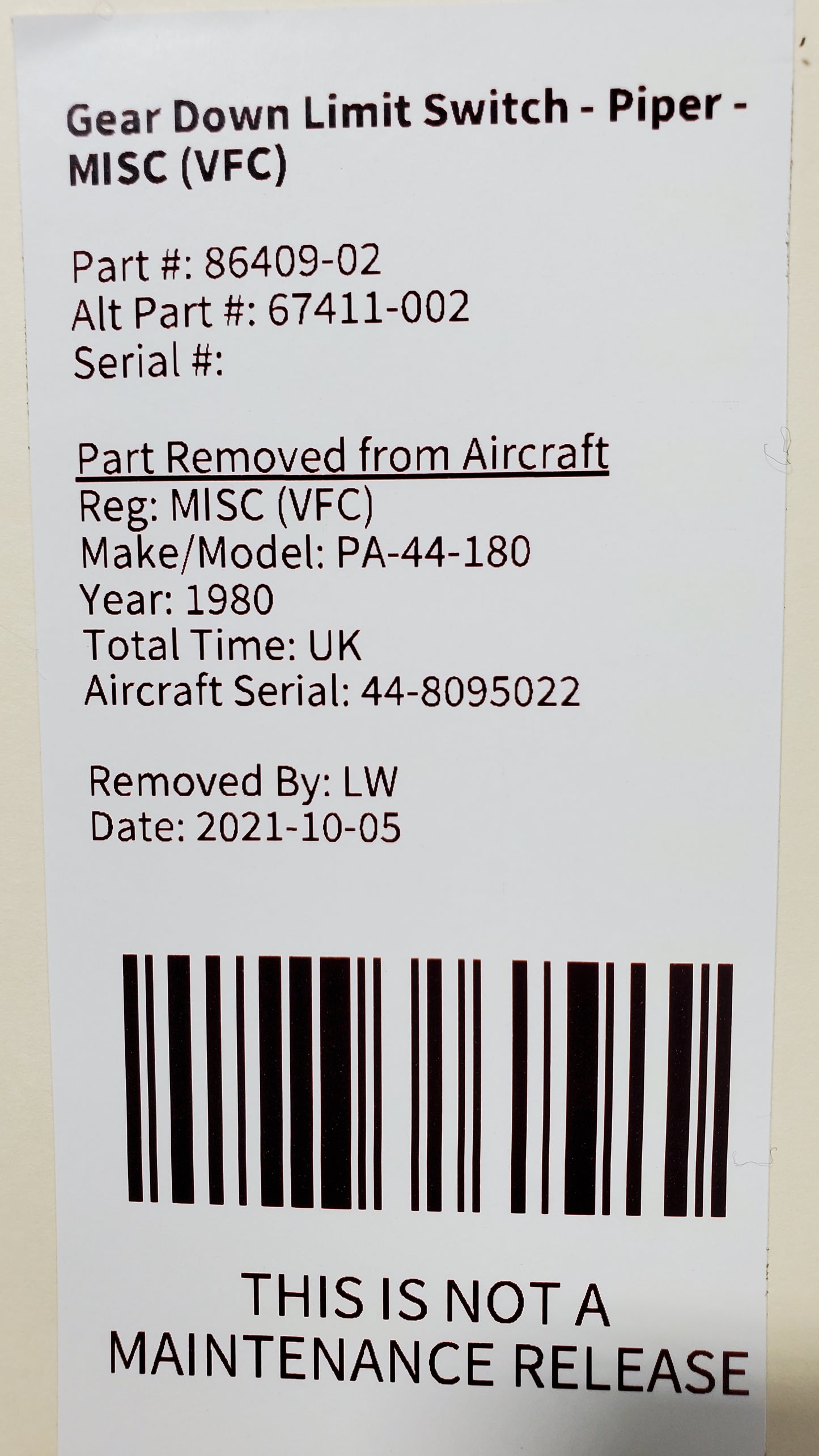 Gear Down Limit Switch - Piper - MISC (VFC)