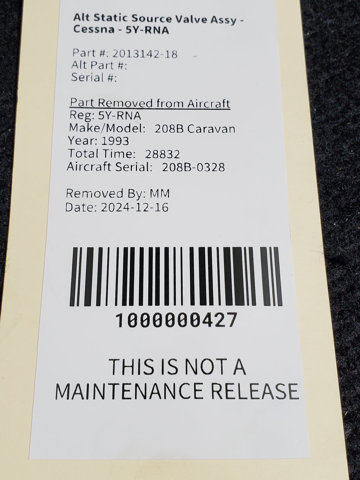 Alt Static Source Valve Assy - Cessna - 5Y-RNA