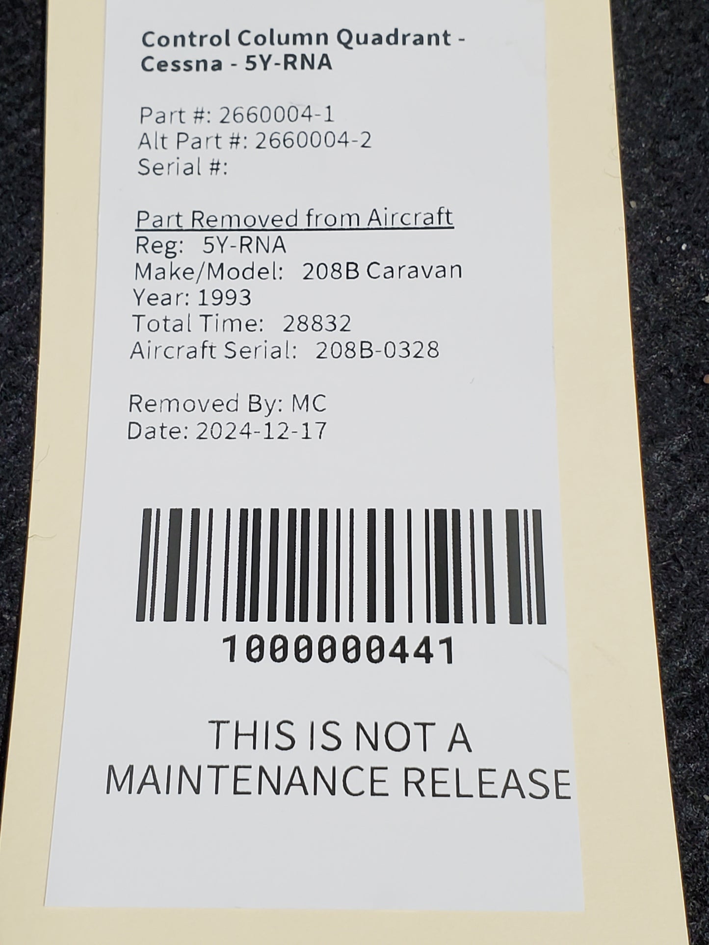 Control Column Quadrant - Cessna - 5Y-RNA