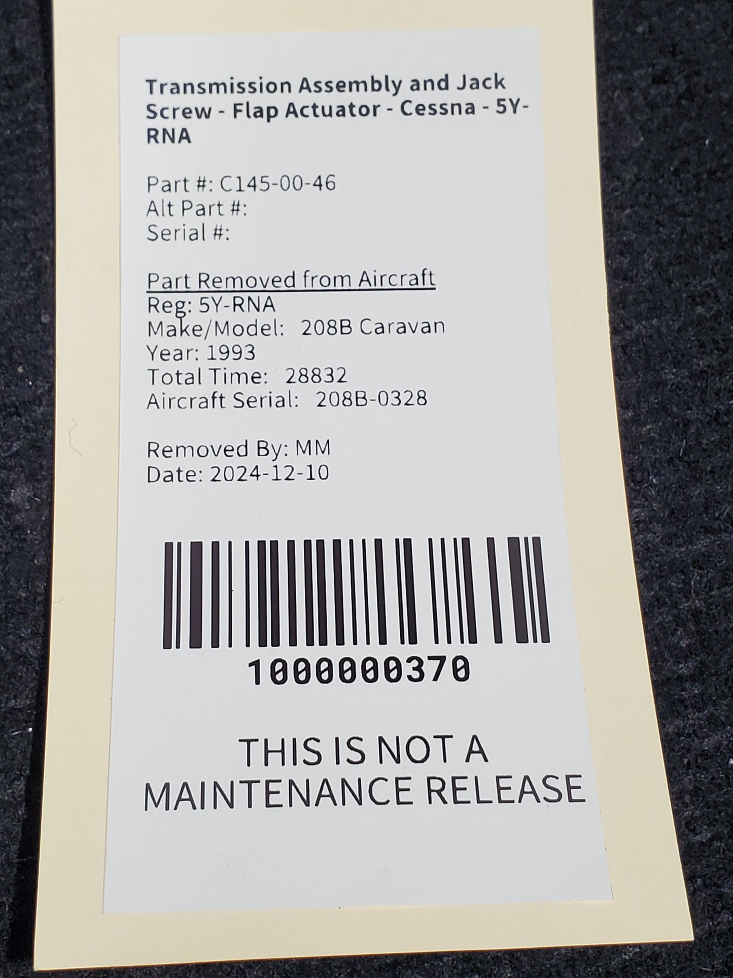 Transmission Assembly and Jack Screw - Flap Actuator - Cessna - 5Y-RNA