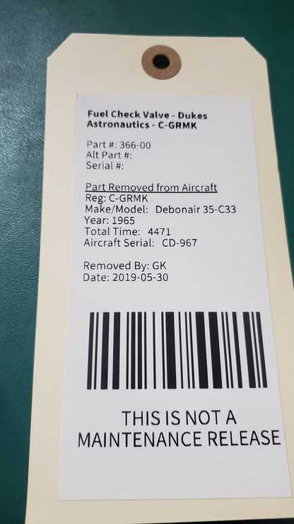 Fuel Check Valve - Dukes Astronautics - C-GRMK